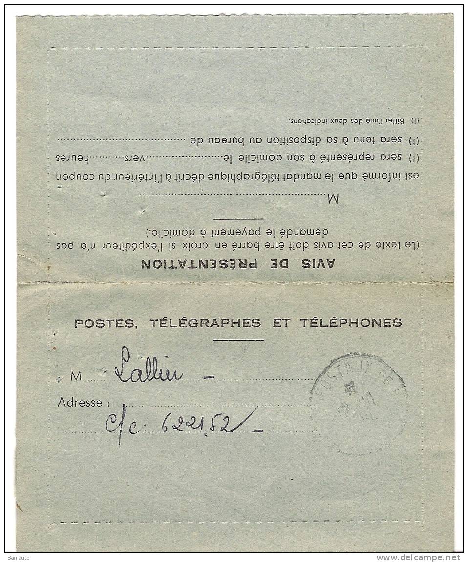 AVIS D´ARRIVEE De MANDAT TELEGRAPHIQUE N° 46 De 1960 . Avec Bandelettes Gomme .circulé . - Telegraaf-en Telefoonzegels