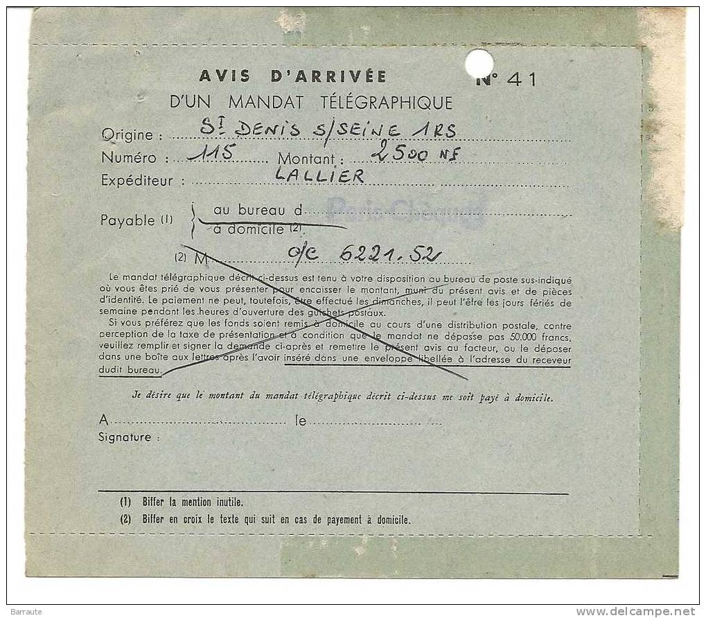 AVIS D´ARRIVEE De MANDAT TELEGRAPHIQUE N° 41 De 1961 . Avec Bandelettes Gomme .circulé . - Telegraph And Telephone