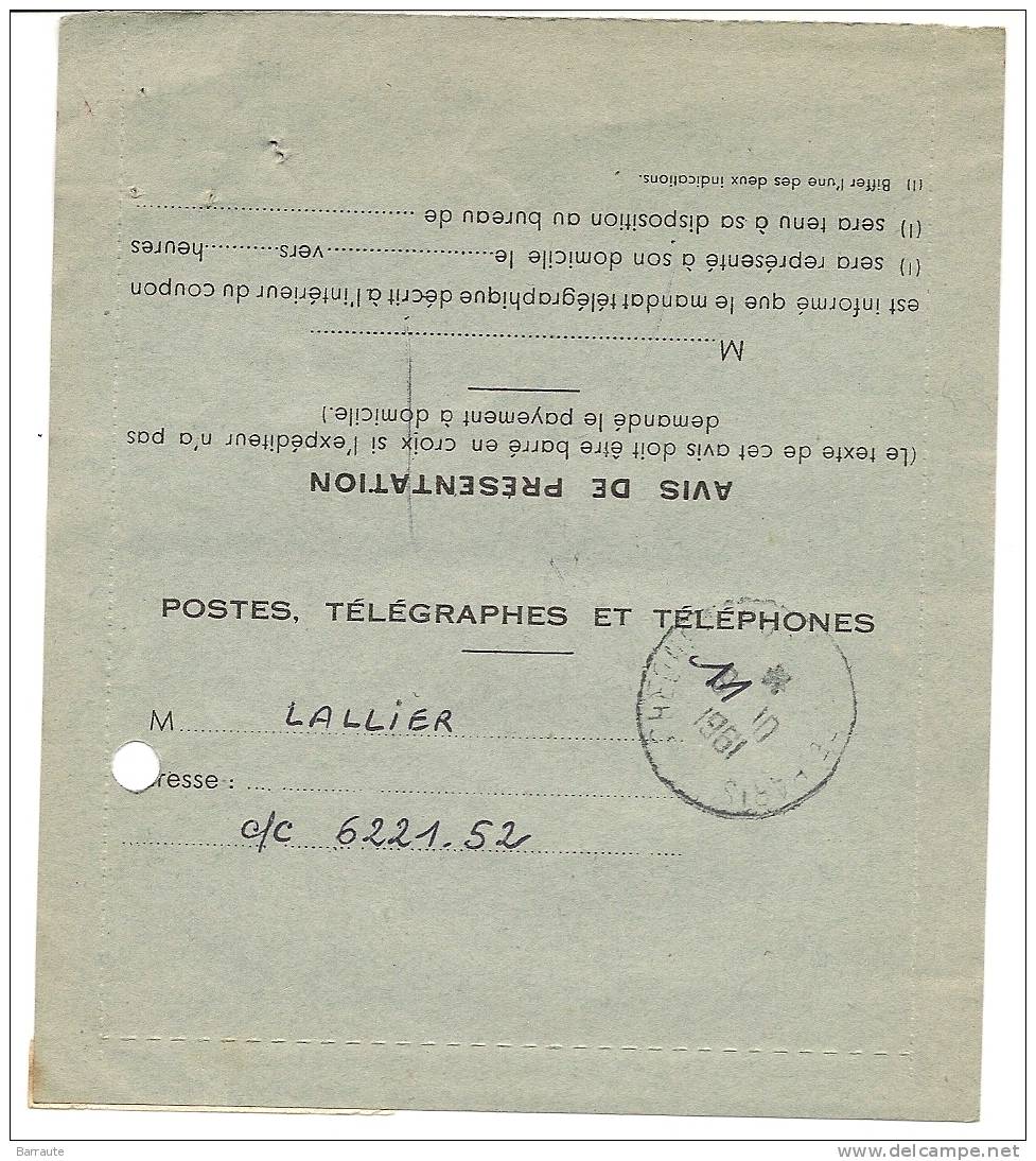 AVIS D´ARRIVEE De MANDAT TELEGRAPHIQUE N° 41 De 1961 . Avec Bandelettes Gomme .circulé . - Telegraph And Telephone