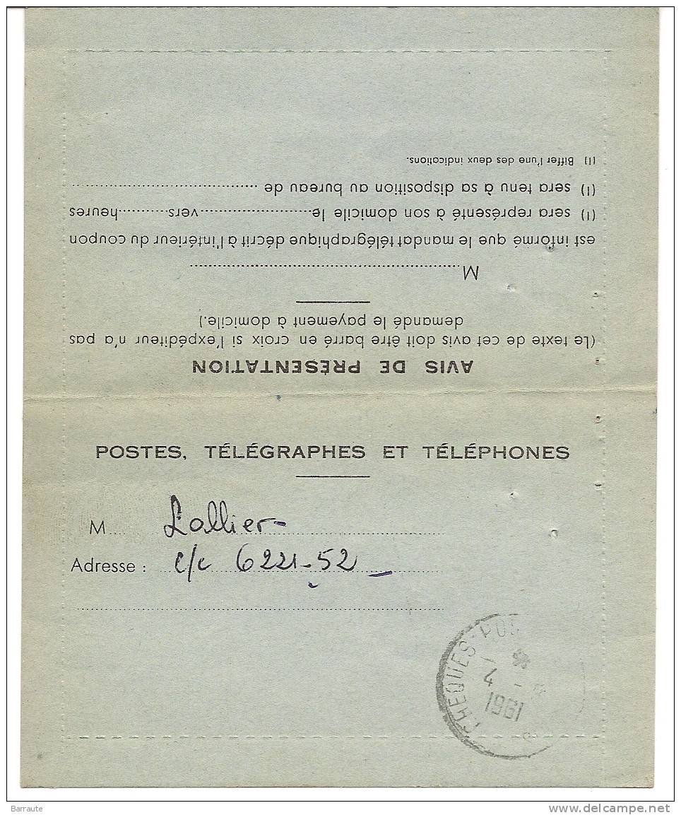 AVIS D´ARRIVEE De MANDAT TELEGRAPHIQUE N° 36 De 1961 . Avec Bandelettes Gomme .circulé . - Telegraaf-en Telefoonzegels
