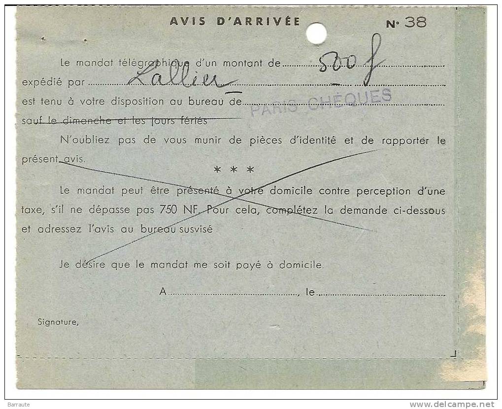 AVIS D´ARRIVEE De MANDAT TELEGRAPHIQUE N° 38 De 1961 . Avec 2 Bandelettes Gomme .circulé . - Telegraph And Telephone