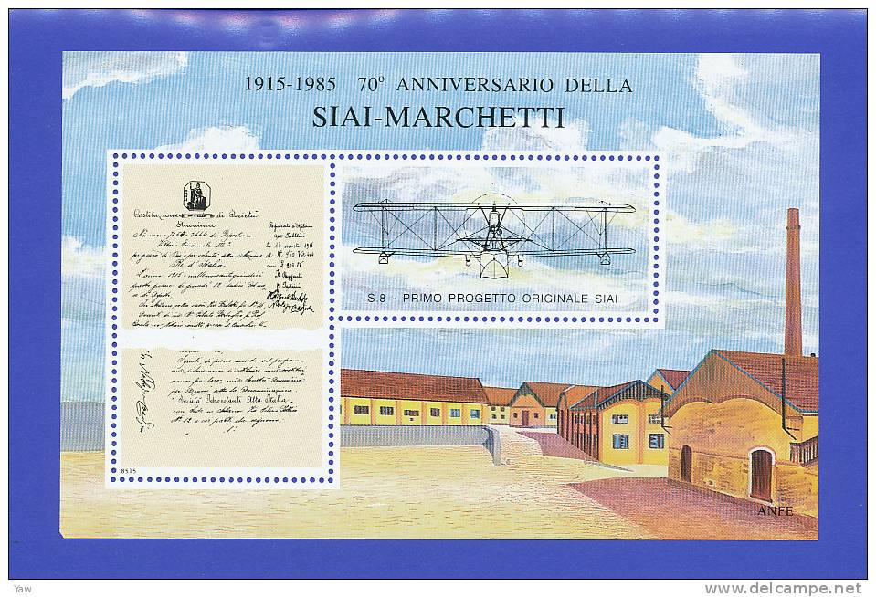 ITALIA 1985 BF ERINNOFILO 70° ANNIVERSARIO DELLA SIAI - MARCHETTI 1915, MNH** - 1914-1918: 1st War