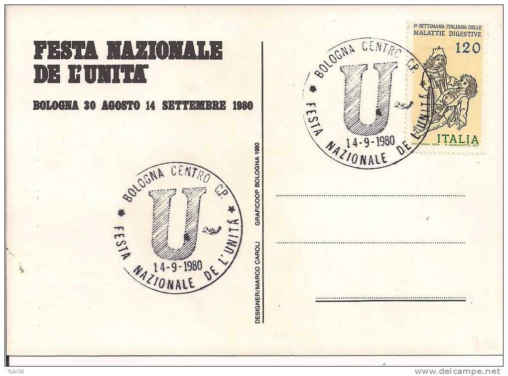 FESTA NAZIONALE DE L'UNITA -  BOLOGNA 1980 - ANNULLO FIGURATO  SU CARTOLINA DEDICATA - Evenementen