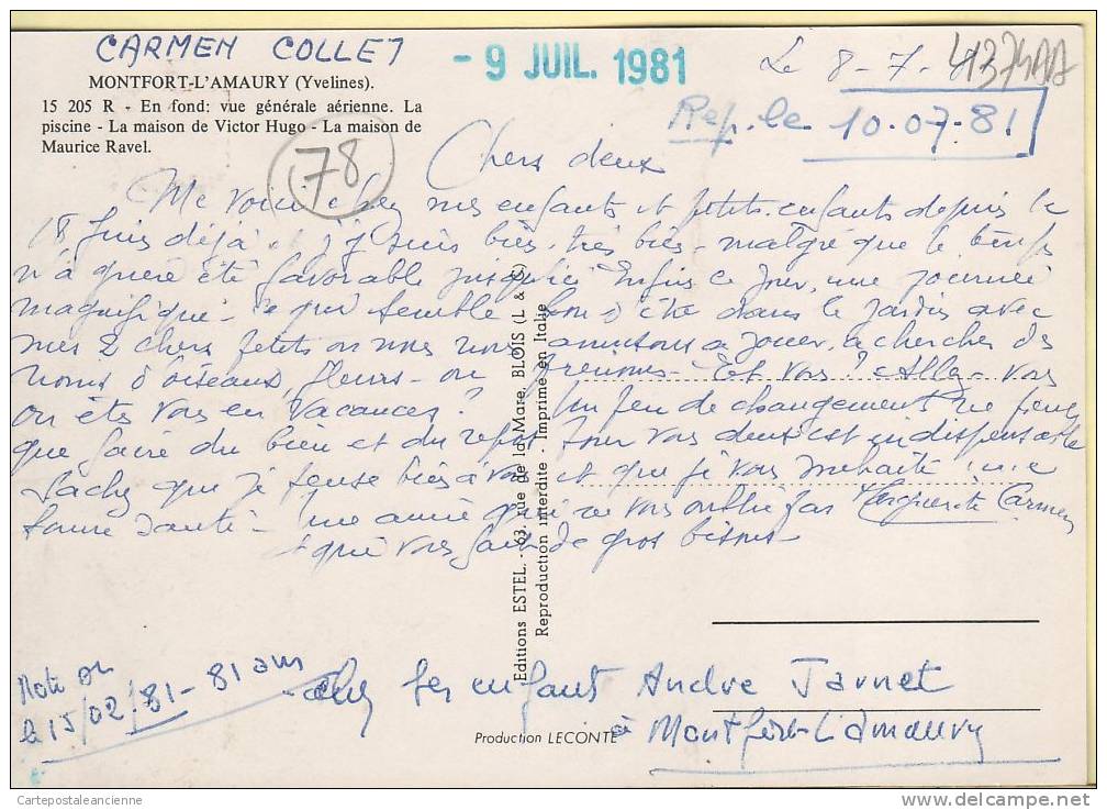 78 MONTFORT AMAURY VUE GENERALE AERIENNE PISCINE MAISON HUGO RAVEL Tampon 09.07.1981¤ ESTEL15.205R¤ YVELINES ¤4374AA - Montfort L'Amaury