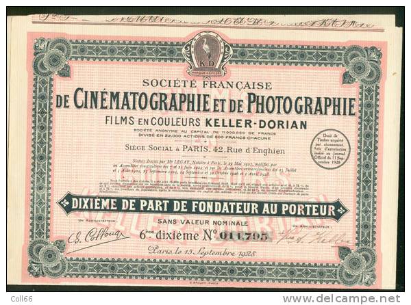 1928 Sté Française De Cinématographie & Photographie Films Couleurs Keller-Dorian Cigogne 1/10°part Fondateur - Cinéma & Théatre