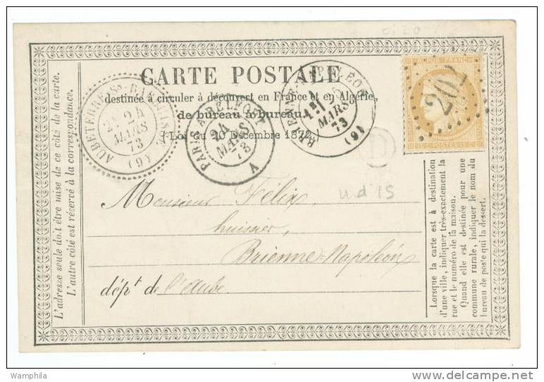 Cachet Perlé De Aubeterre Ss Barbuisse Sur Carte Précurseur Avec D Pour Origine Locale C. 150€ - 1849-1876: Classic Period