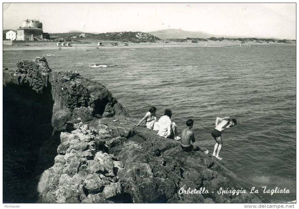 ORBETELLO (Grosseto). Spiaggia La Tagliata. Animata. Vg. Per MONFALCONE (Go) C/fr. 1954 - Grosseto