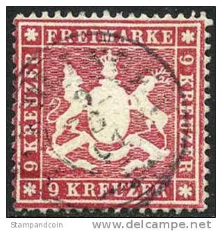 Wurttemburg #22 Used 9kr Carmine From 1860, Expertized - Oblitérés