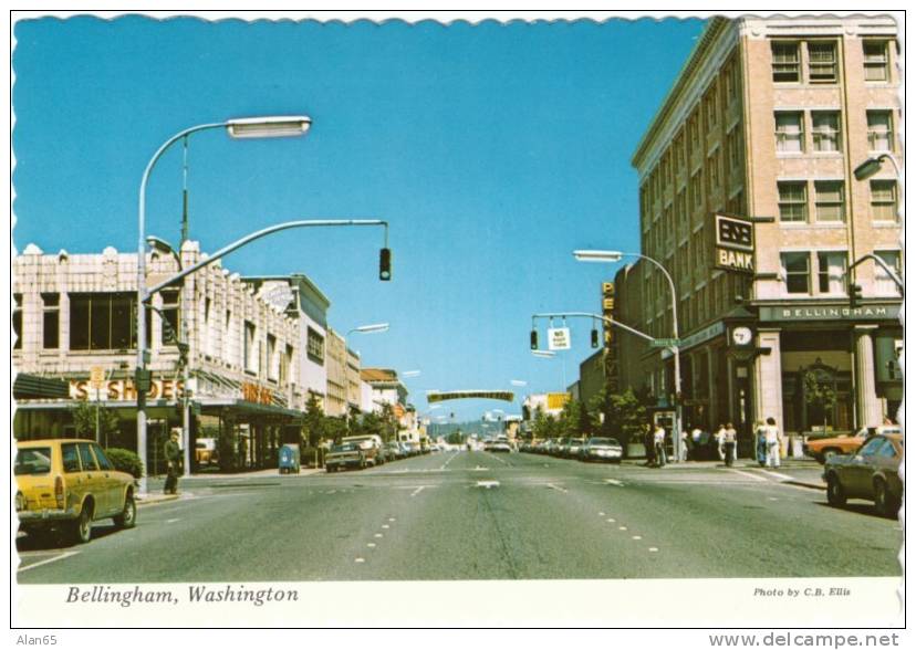 Bellingham WA Street Scene, Auto, Bank Pennys Mail Box On 1970s Vintage Postcard - Autres & Non Classés