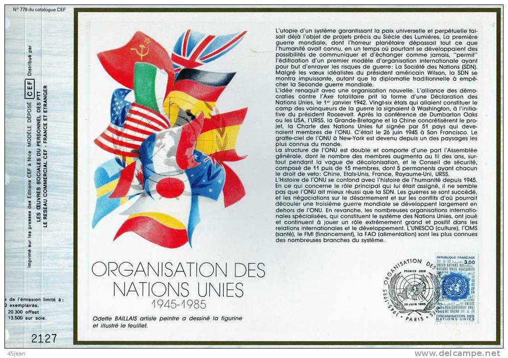 France: 1985 Beau Document " ONU, Illustration Drapeaux" Oblitérations Paris - Sobres