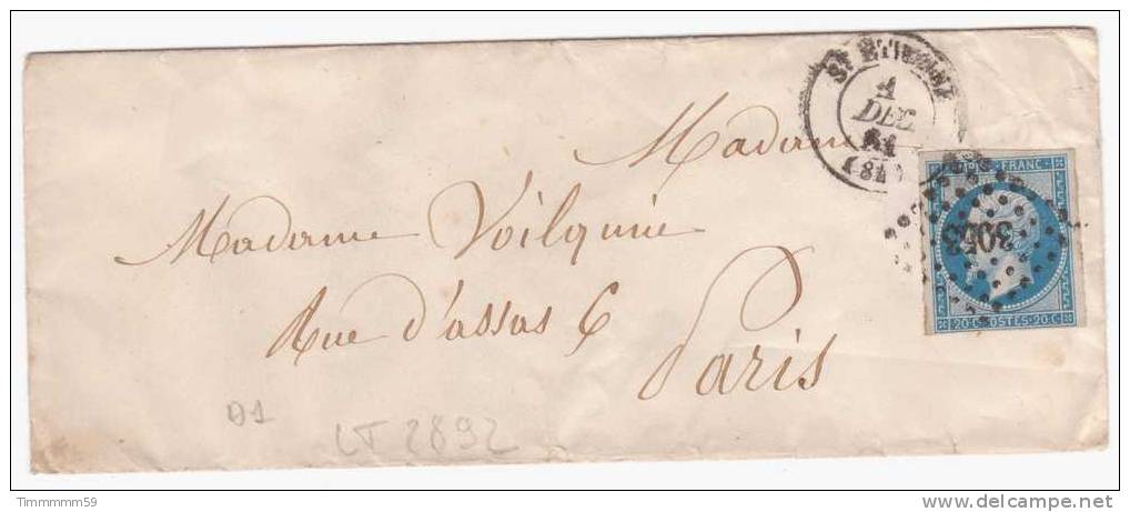 LT2892 N°14B Bleu/??? Sur Enveloppe Oblit PC 3053 ST ETIENNE(84) Pour PARIS - 1853-1860 Napoléon III