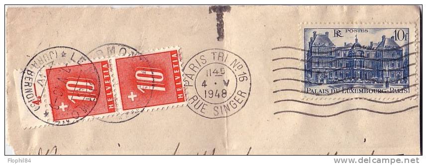 TAXE SUISSE SUR FRAGMENT PARIS TRI N°16 RUE SINGER 4-5-1948 - 1859-1959 Covers & Documents