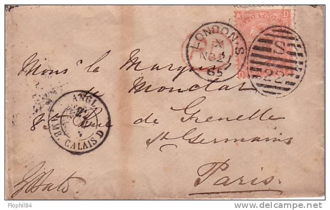 GRANDE BRETAGNE-LONDRES 21-11-1865 +ANG.AMB CALAIS - Storia Postale
