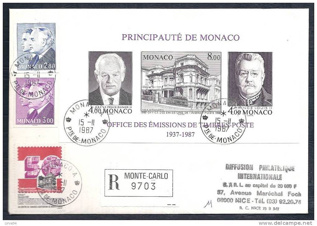 LETTRE RECOMMANDÉE DE MONACO DE L´EXPO DU 15-11-1987- PIECE TRES RARE AVEC BLOC ET TIMBRES NON-DENTELÉS- VOIR INFO - Poststempel