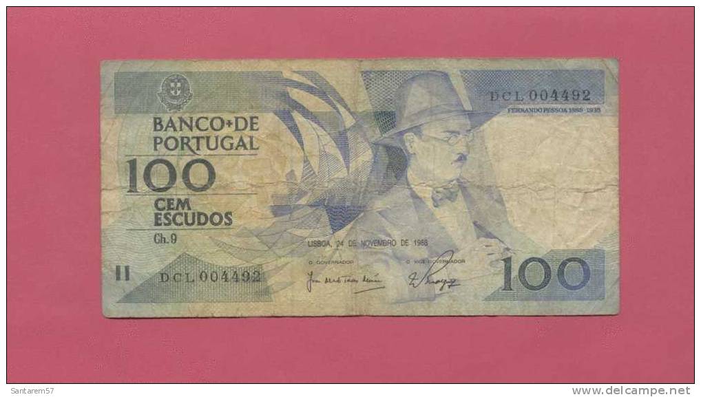 Billet De Banque Nota Banknote Bill 100 CEM ESCUDOS FERNANDO PESSOA PORTUGAL 1988 - Portogallo