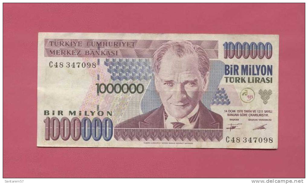 Billet De Banque Nota Banknote Bill 1000000 BIR MILYON TURK LIRASI TURQUIE - Turkey
