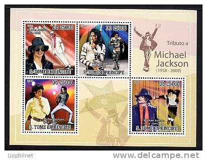 SAINT-THOMAS ET PRINCE 2009, HOMMAGE A MICHAEL JACKSON, 4 Valeurs En Feuillet, NEUFS - Singers