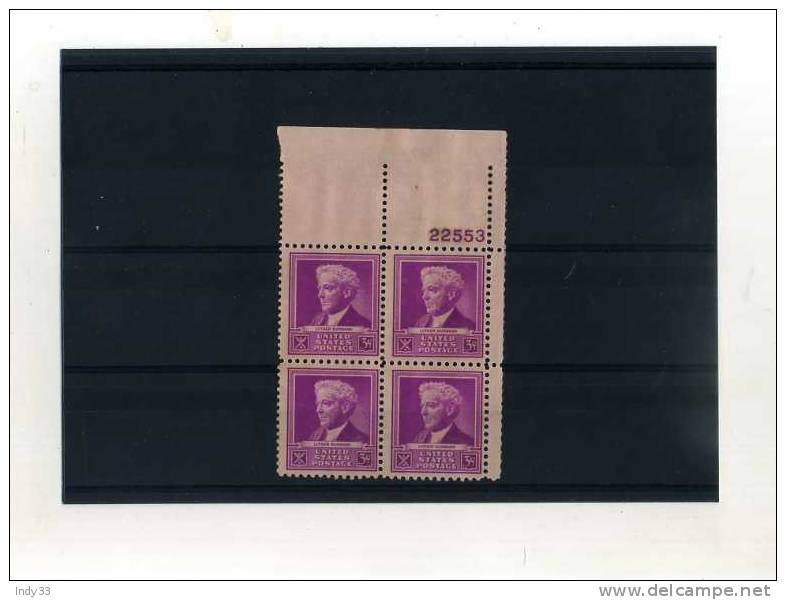 - U.S.A. . LUTHER BURBANK. 3c 1940 . BLOC DE 4 TIMBRES . BORD DE FEUILLE AVEC NUMERO - Plate Blocks & Sheetlets