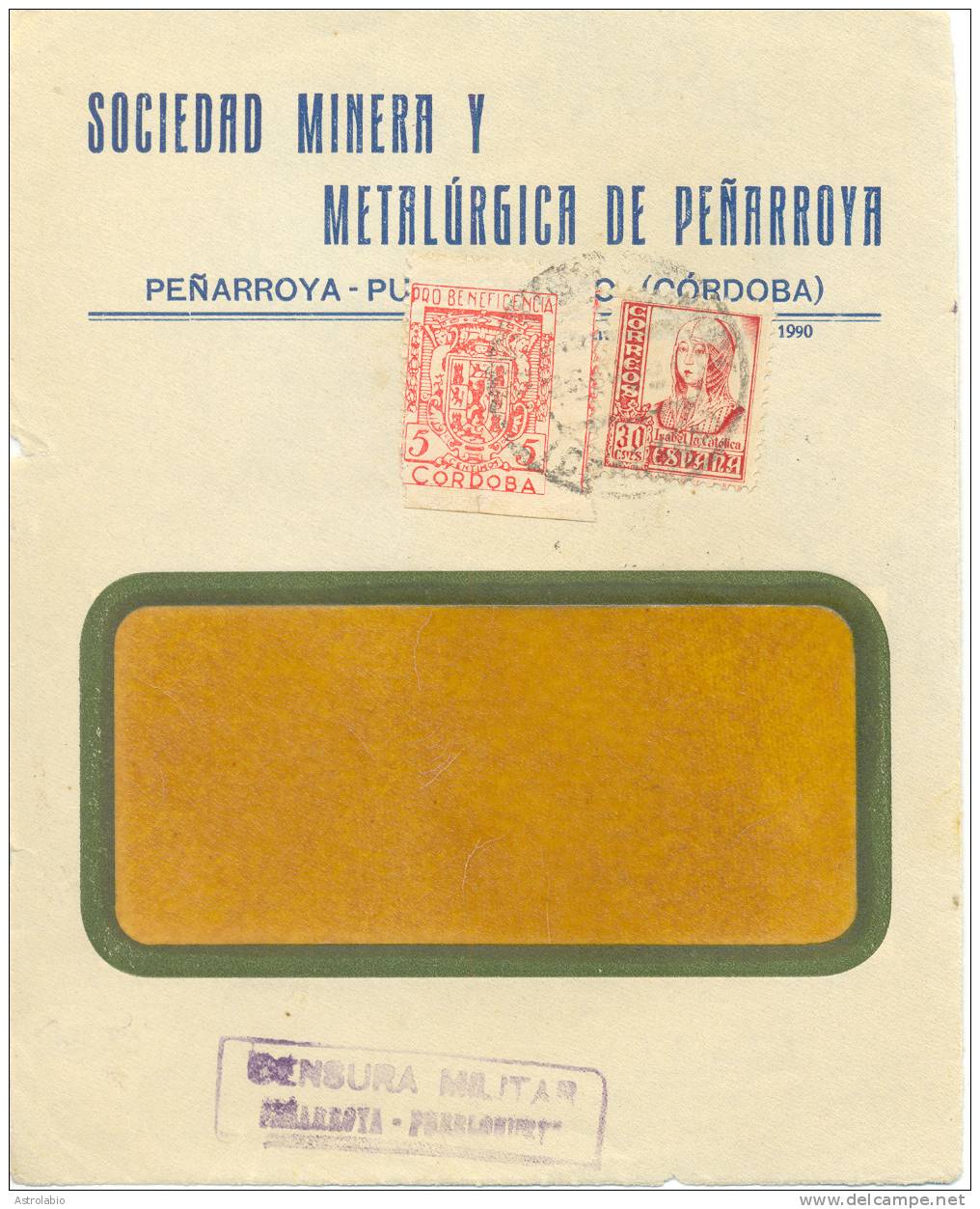 Peñarroya-Pueblonuevo, Córdoba 1938 Censura Y Benéfico Sobre Frontal De Carta - Marcas De Censura Nacional