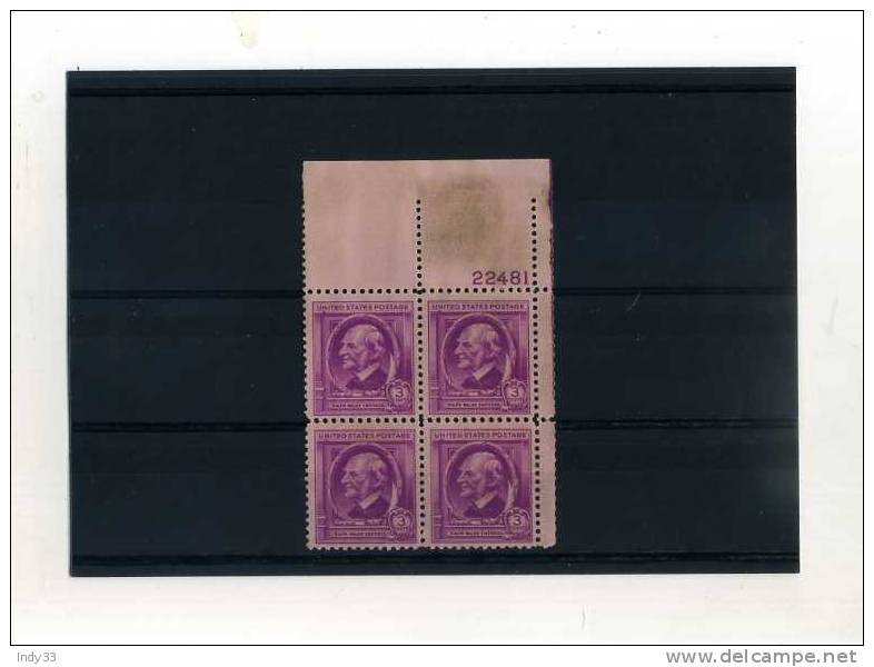 - U.S.A. . R. WALDO EMERSON . 3c 1939 . BLOC DE 4 . BORD DE FEUILLE AVEC NUMERO - Unused Stamps