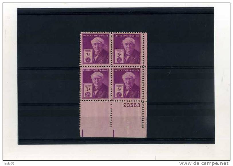 - U.S.A. . THOMAS A. EDISON . 3c 1946 . BLOC DE 4 . BORD DE FEUILLE AVEC NUMERO - Ongebruikt