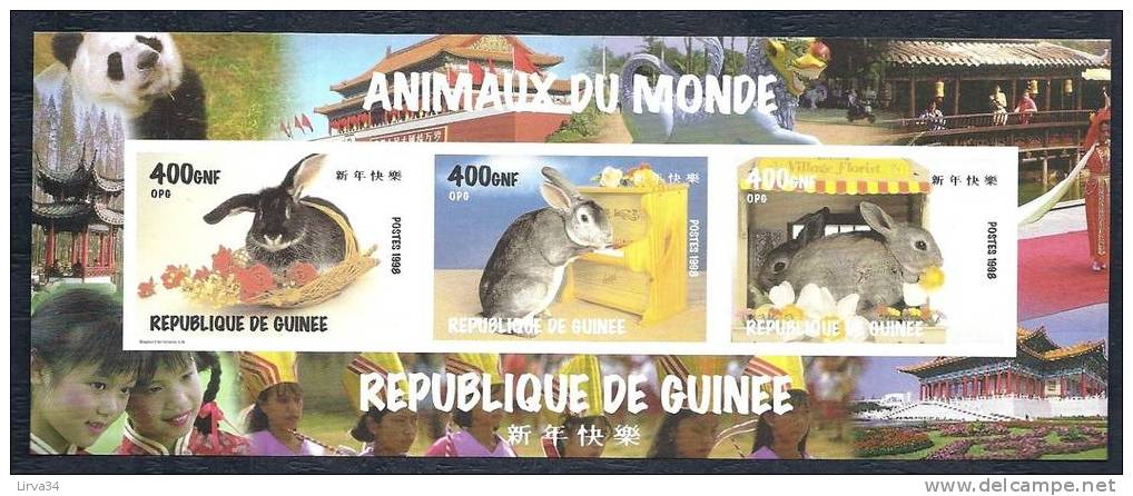 BLOC THEMATIQUE NEUF LUXE DE GUINEE- THEME : LES LAPINS DE COMPAGNIE- 3 TIMBRES NON-DENTELÉS- - Other & Unclassified