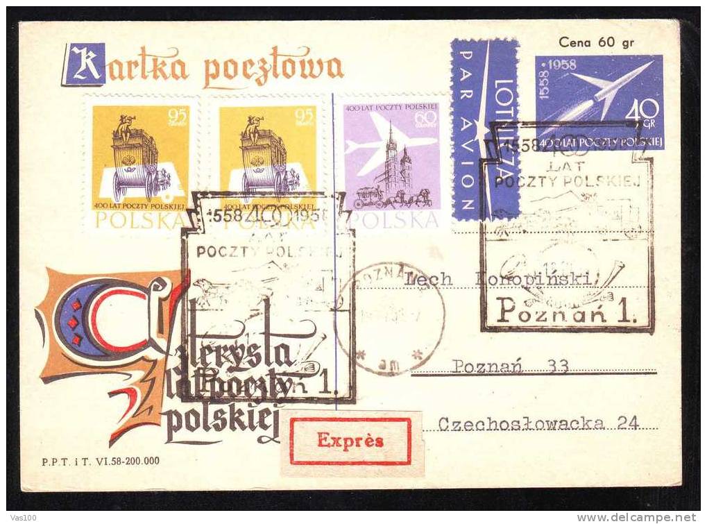 Poland Space,postcard 1958 Expres  To Czechoslovakia - Europe