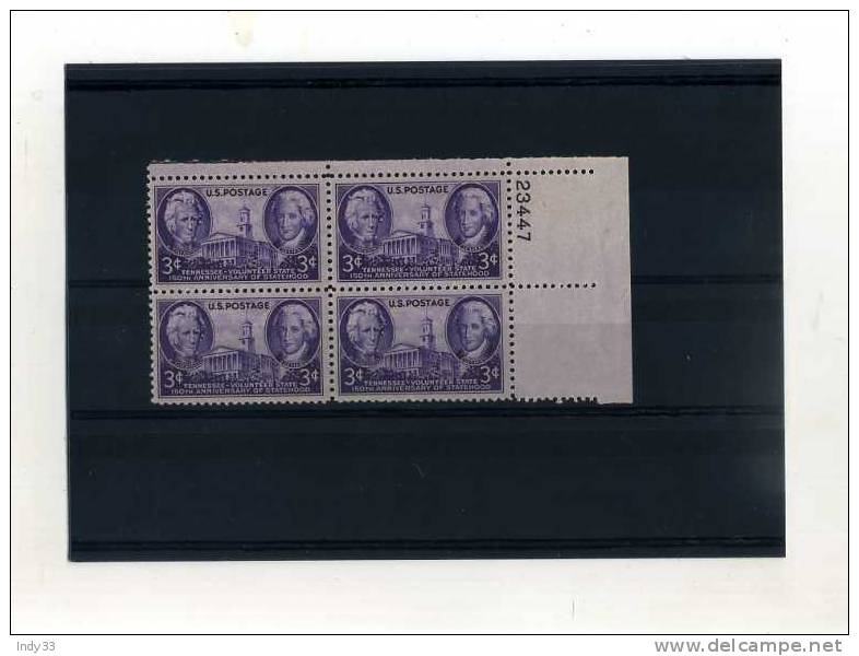 - U.S.A. . TENNESSEE . VOLUNTEER STATE . 3c 1946 . BLOC DE 4 . BORD DE FEUILLE AVEC NUMERO - Ongebruikt