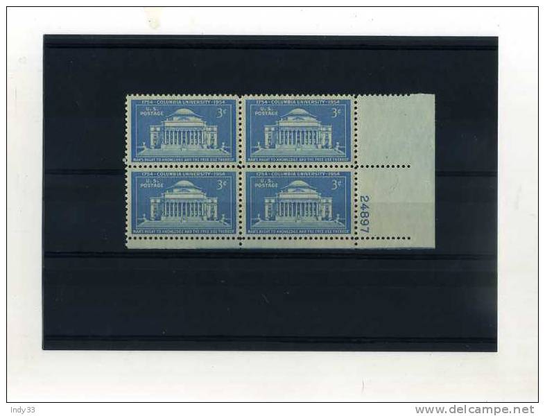 - COLUMBIA UNIVERSITY . 3c 1954 . BLOC DE 4 . BORD DE FEUILLE AVEC NUMERO - Neufs