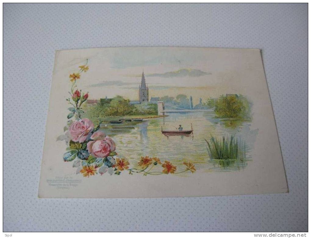 Chromo Aiguebelle BE, Paysage Romantique Cathédrale,pont,pêcheur Sur Sa Barque  Fleurs & Roseaux - Aiguebelle