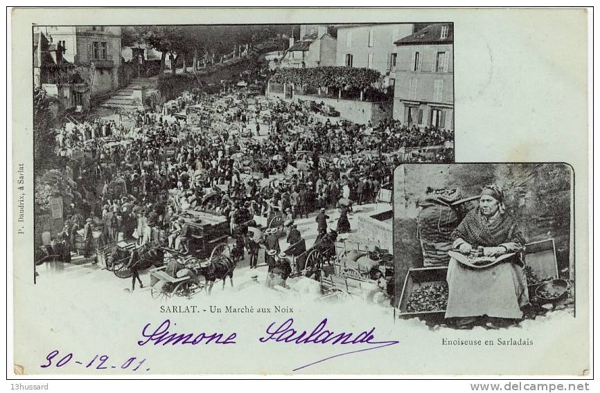 Carte Postale Ancienne Sarlat - Un Marché Aux Noix. Enoiseuse En Sarladais - Commerce, Marché, Fruits, Métiers - Sarlat La Caneda