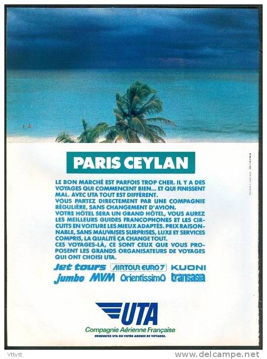* ANCIENNE PUBLICITE, COMPAGNIE AERIENNE (1980) : UTA, Paris-Ceylan (21,5 Cm Sur 28,5 Cm) - Publicités