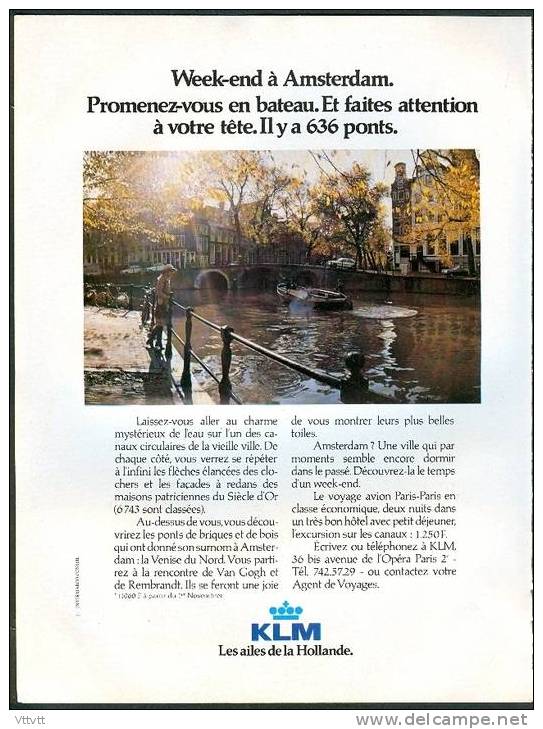 * ANCIENNE PUBLICITE, COMPAGNIE AERIENNE (1980) : KLM, Amsterdam, Hollande, Peniche, Pont (21,5 Cm Sur 28,5 Cm) - Publicités