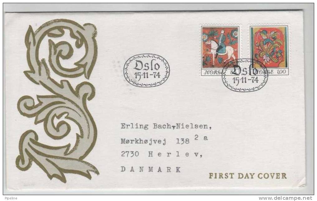 Norway FDC Norwegian Folk Art Complete With Cachet 15-11-1974 Sent To Denmark - FDC