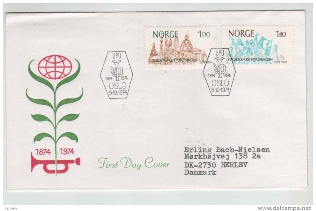 Norway FDC UPU 100 Anniversary 9-10-1974 Complete With Cachet Sent To Denmark - FDC