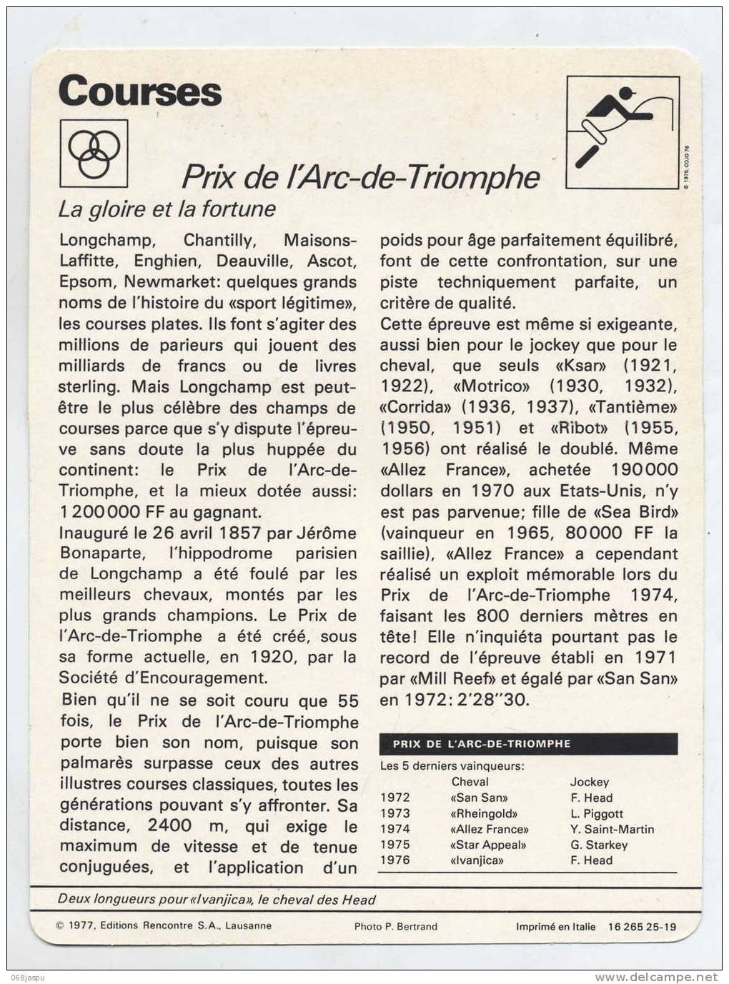 Fiche Hippisme Course Prix Arc De Triomphe - Hipismo