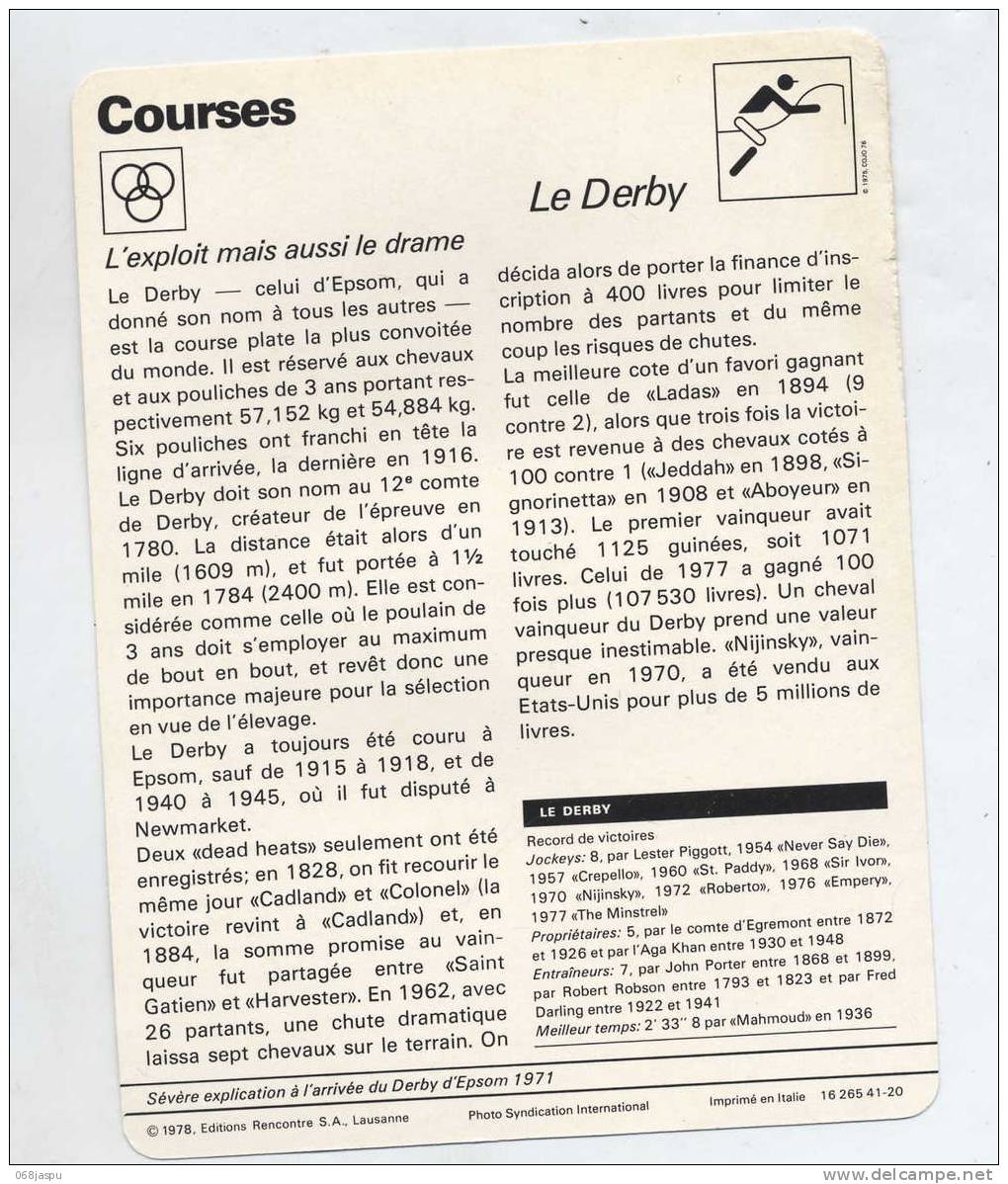 Fiche Hippisme Course Derby - Reiten