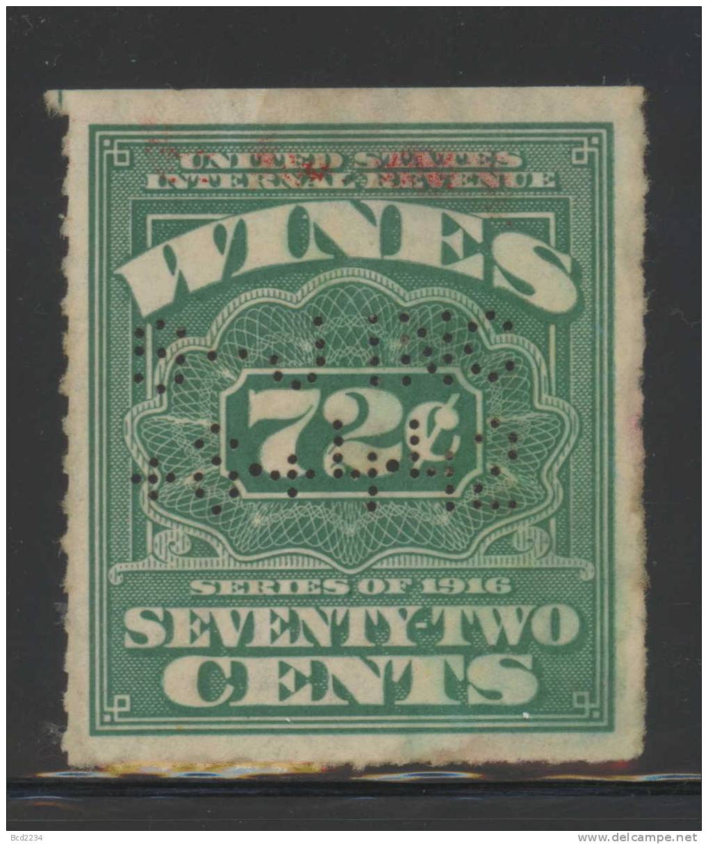 USA 1916 REVENUE - WINES AND CORDIALS TAX 72 CENTS GREEN SCOTT RE47 - Fiscale Zegels