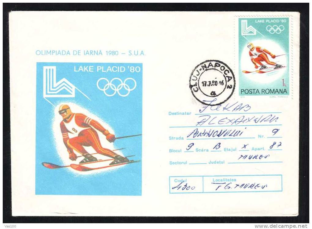 Olympic  Winter Games 1980 Lake Placid,Ski,stamp Concordante On Stationery Cover Sent To Mail Romania. - Winter 1980: Lake Placid