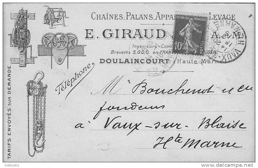 DOULAINCOURT Carte Publicitaire Chaînes, Palans, Appareils De Levage E. GIRAUD & Cie - Doulaincourt