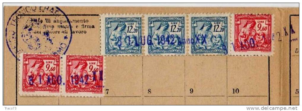 03.07.1942 - Tessera Per  Operai -  Serie 1941  Istit. Naz. Fascista Lire 12,20 X 3 + 9,60 X 3 - Steuermarken