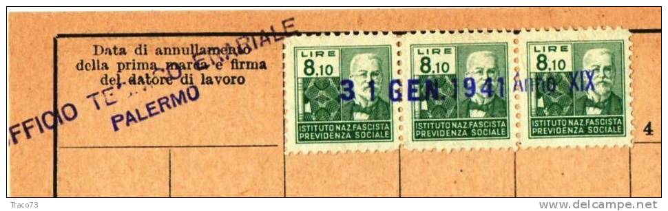 31.01.1941 - Tessera Per  Operai -  Serie 1939  Istit. Naz. Fascista Lire  8,10  X  3 - Steuermarken