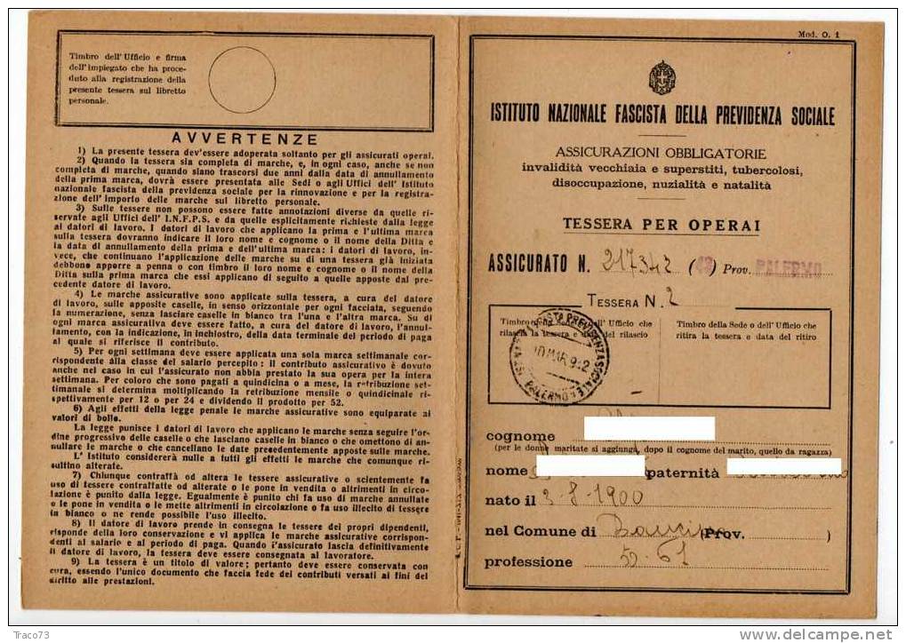 31.01.1941 - Tessera Per  Operai -  Serie 1939  Istit. Naz. Fascista Lire  8,10  X  3 - Steuermarken