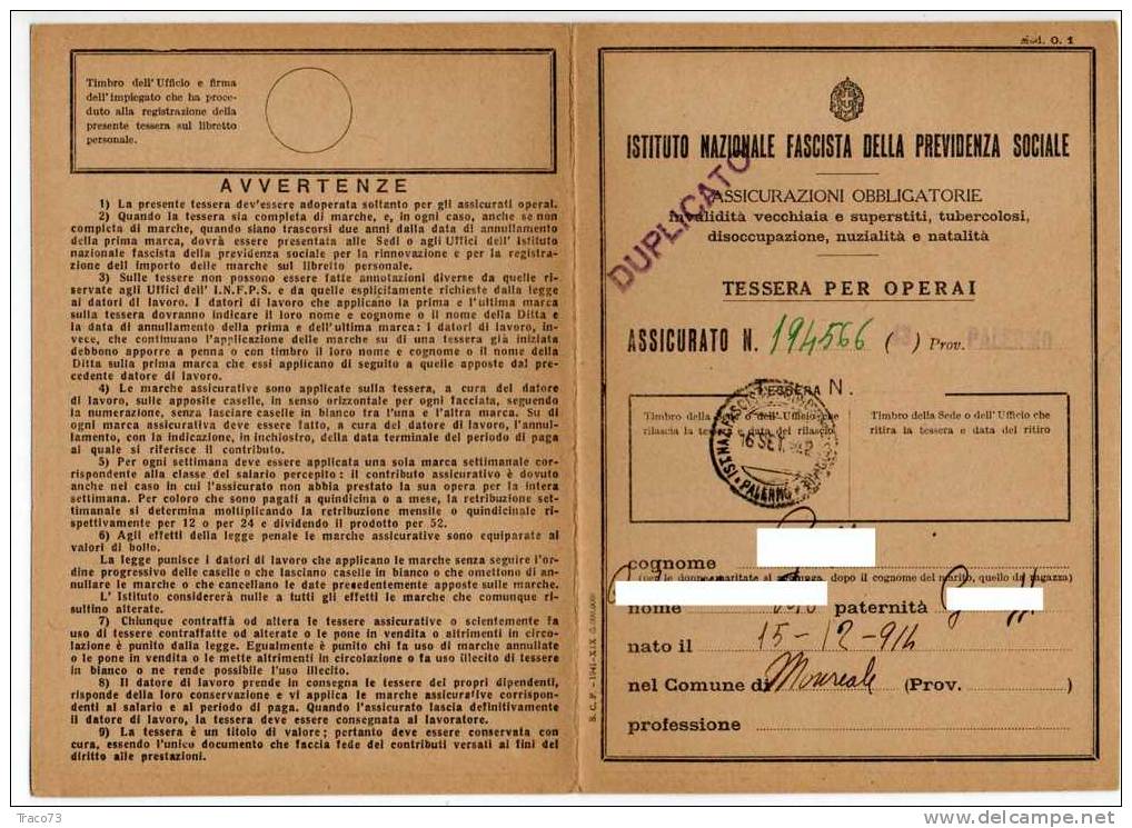 08.08.1942 - Tessera Per  Operai -  Serie 1941  Istit. Naz. Fascista Lire  12,20  X  6 - Fiscales