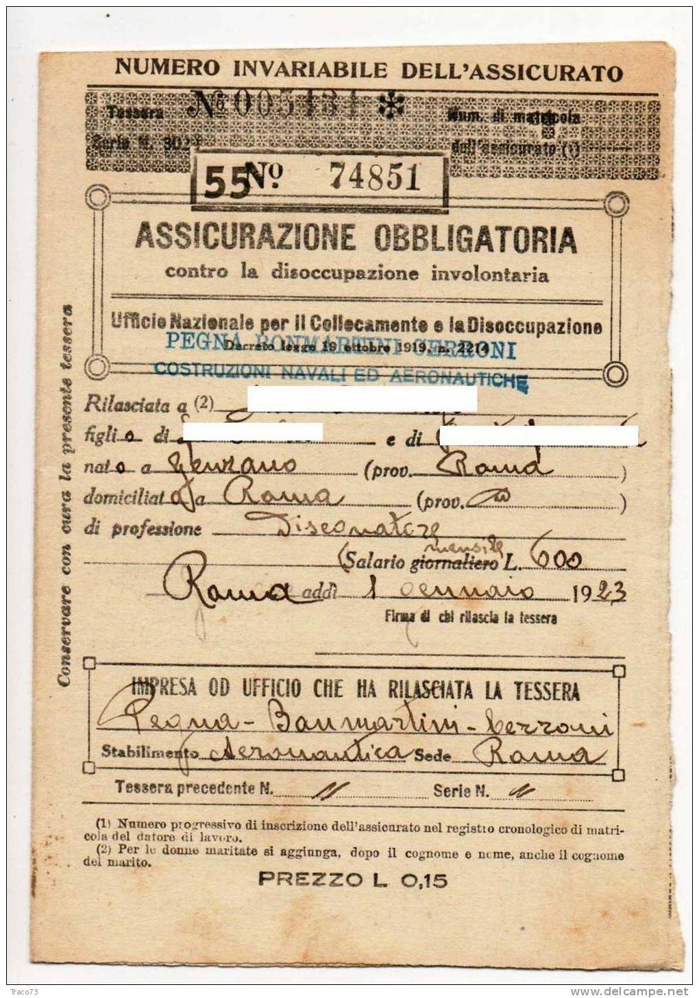 15.01.1923 - Tessera Assicuraz. Obbligatorie -  Serie 1920 / Assicurazioni Sociali - Lire 210 X 2 - Fiscales