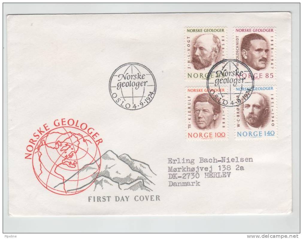 Norway FDC Norwegean Geological Persons Complete Set Of 4 With Cachetsent To Denmark 4-9-1974 - FDC