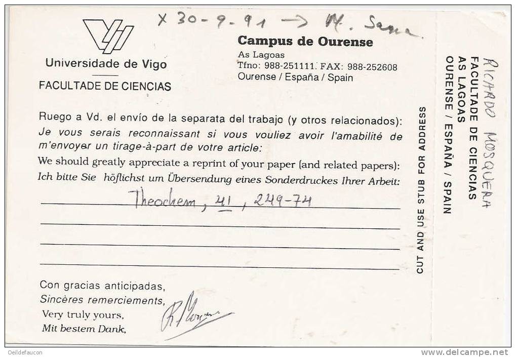 ESPAGNE - Yvert - Carte Postale De Ourense à Louvain-la-Neuve - Timbre 2722 - 1991