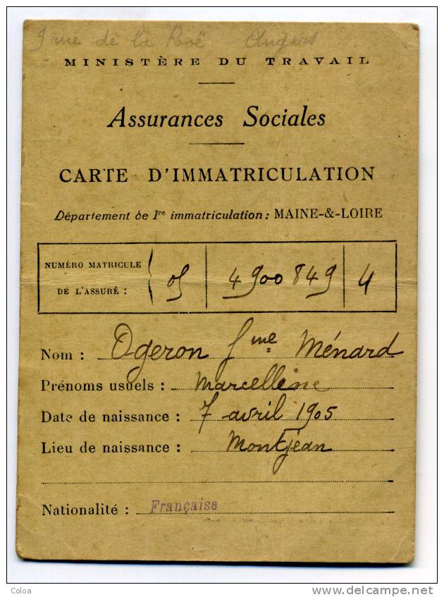 Carte D'immatriculation Assurances Sociales 1930 Maine Et Loire - Documents Historiques