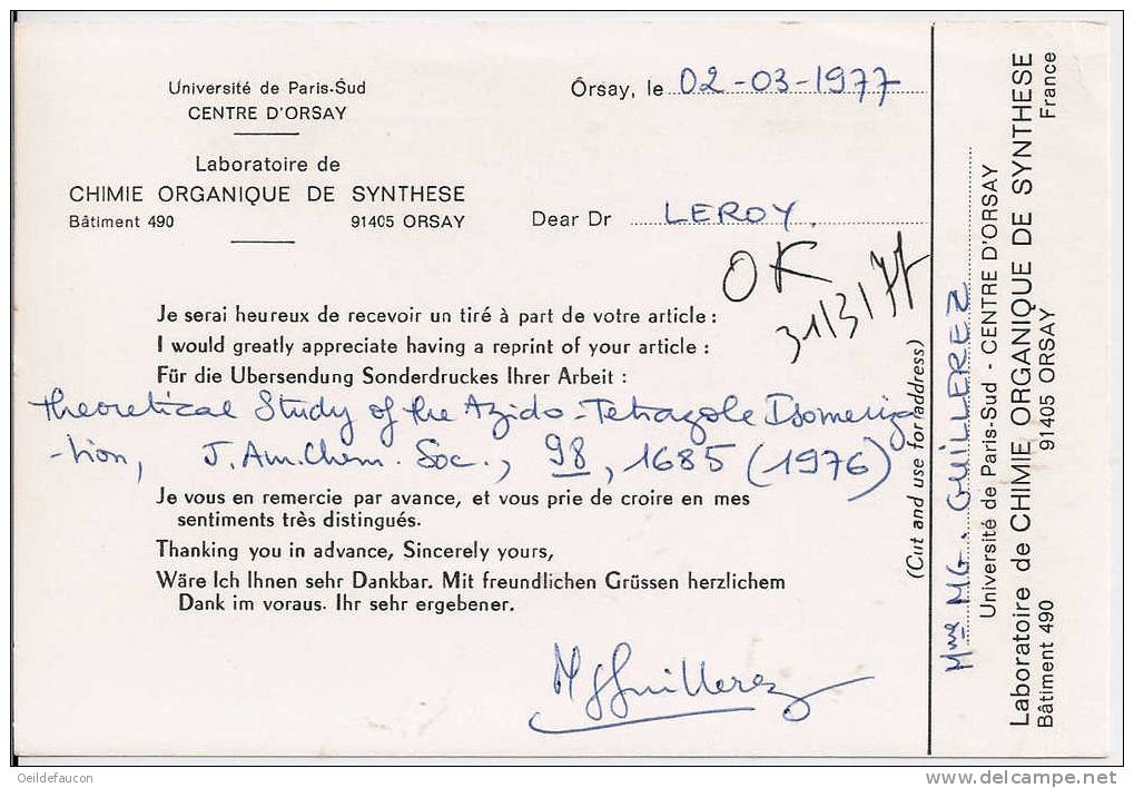 FRANCE - Yvert - Carte Postalede Orsay à Louvain-la-Neuve - Timbre 1892 - 1971-1976 Marianne De Béquet