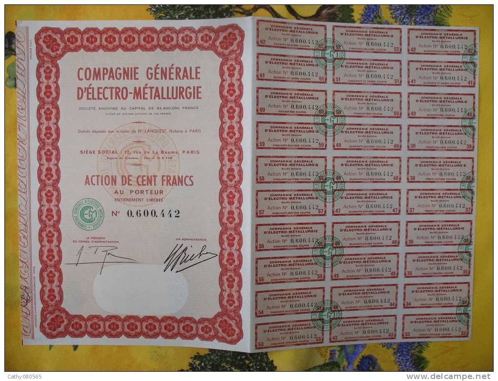 Action Complete " CIE GENERAL D´ELECTRO METALLURGIE " PARIS // INDUSTRIE - Electricité & Gaz